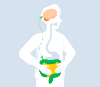 Una silueta con las manos en el estómago; se ven su cerebro y aparato digestivo unidos por flechas.
