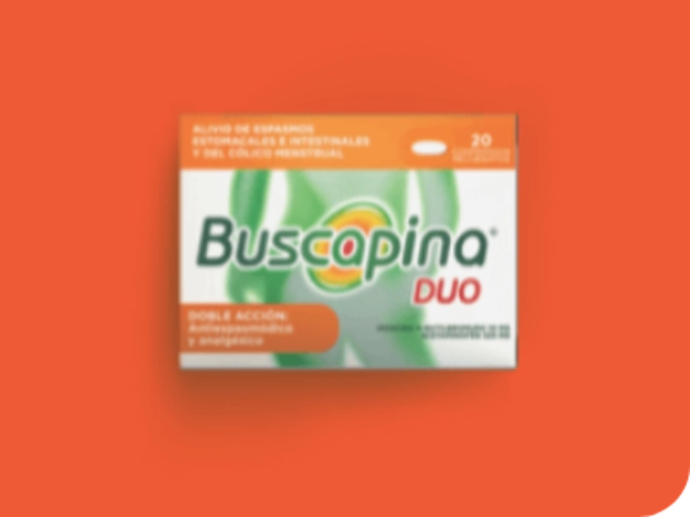 Imagen de una caja  de Buscapina® Duo contra un fondo naranja.