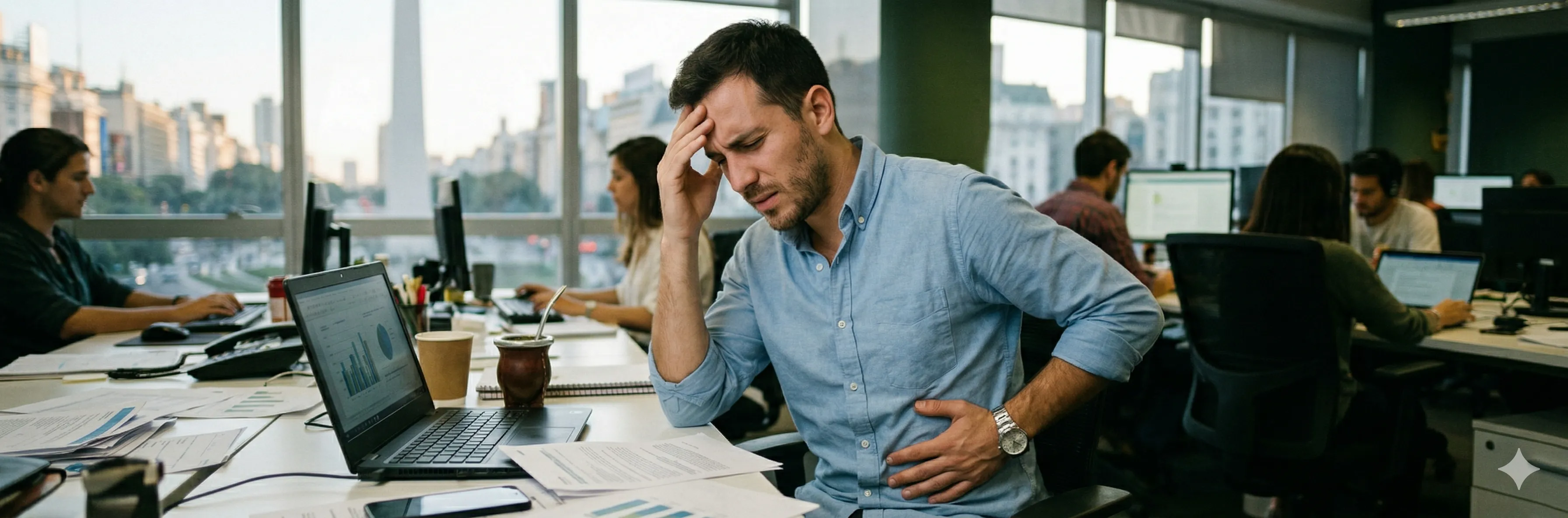 Hombre con chomba con cara de dolor mientras sostiene una hamburguesa y unas papas fritas