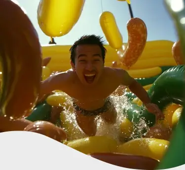 Hombre con chomba con cara de dolor mientras sostiene una hamburguesa y unas papas fritas