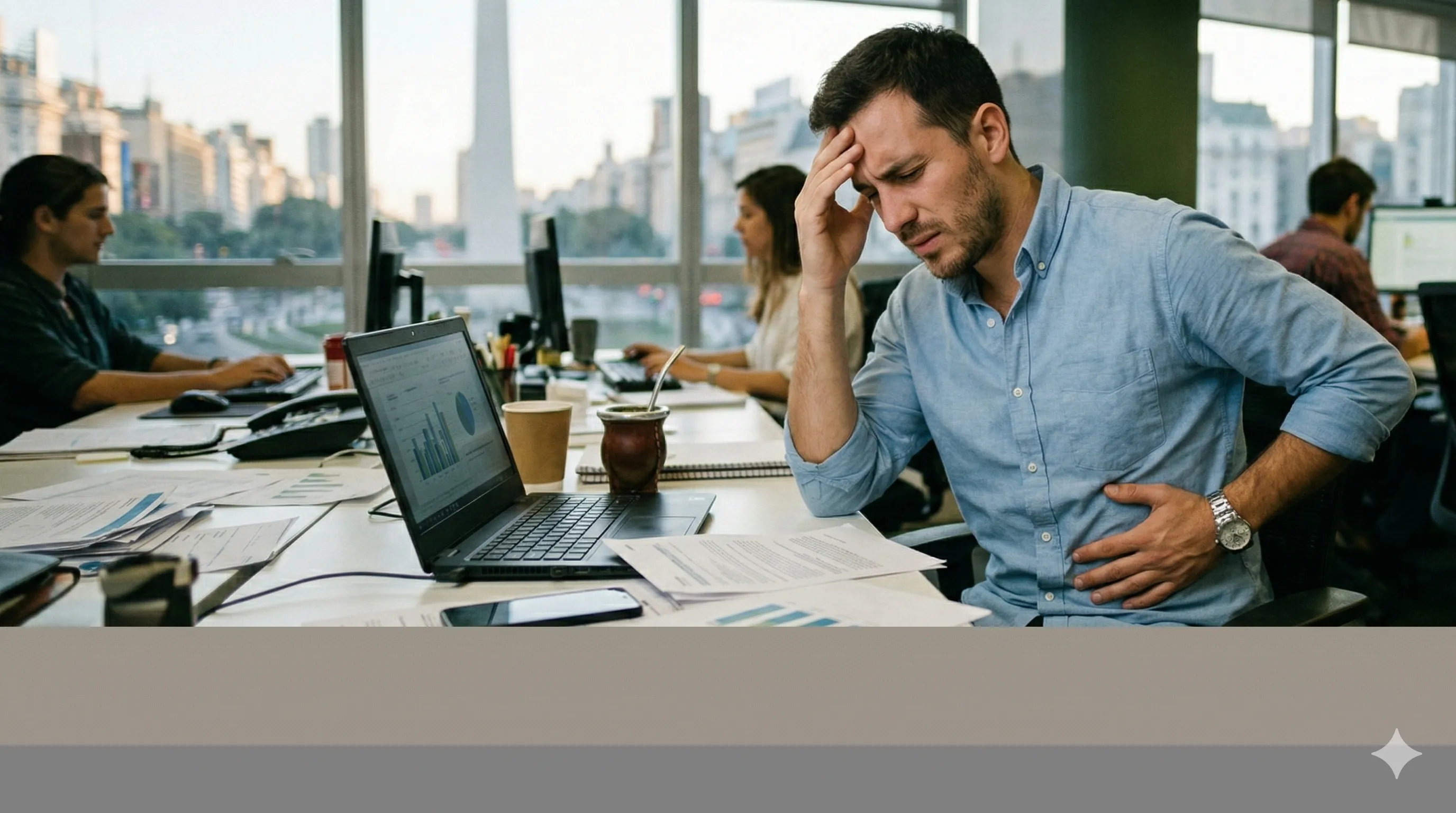 Hombre con chomba con cara de dolor mientras sostiene una hamburguesa y unas papas fritas
