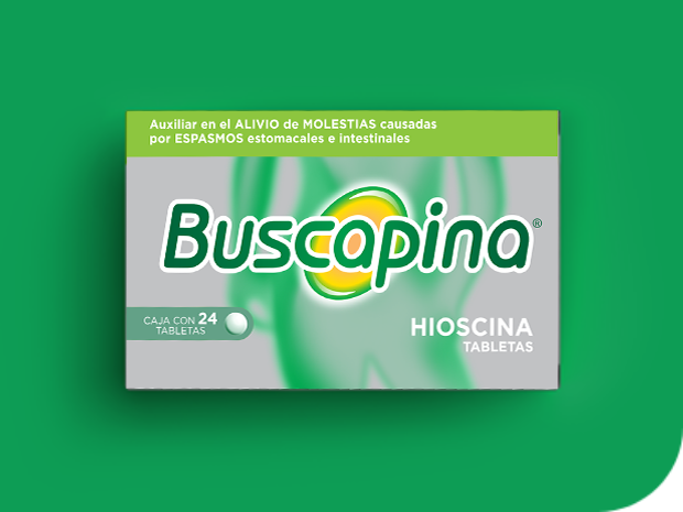 Imagen de una caja de Buscapina® contra un fondo verde.