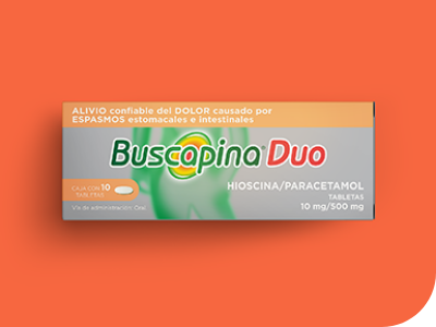Imagen de una caja  de Buscapina® Duo contra un fondo naranja.