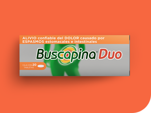 Imagen de una caja de Buscapina® Duo contra un fondo naranja.