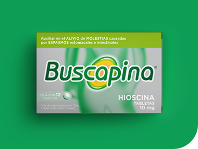 Imagen de una caja de Buscapina® contra un fondo verde.